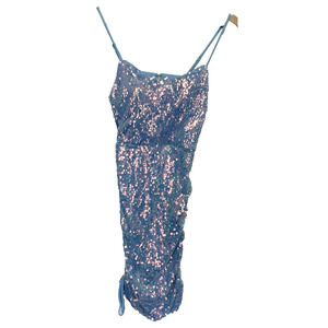 MNK Ice Blue Sequin Mini Bodycon Cocktail Party Dress Size L Glam Girly Y2K